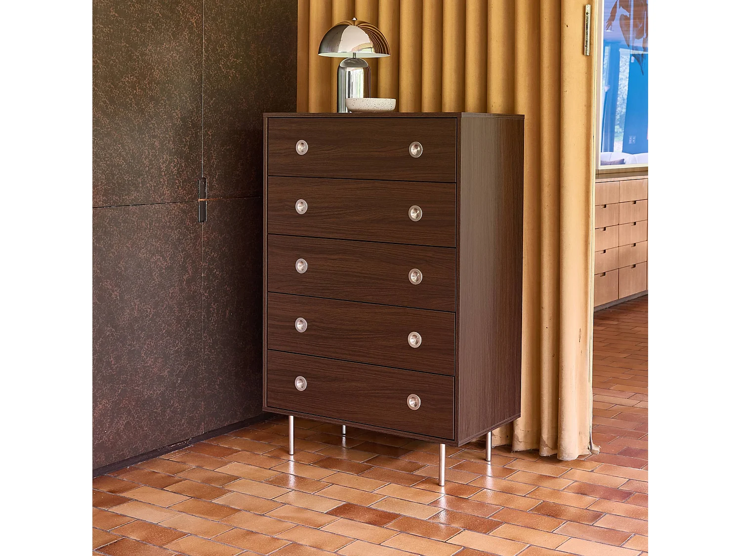 Cassettiera vintage decorata in legno e acciaio inossidabile, 5