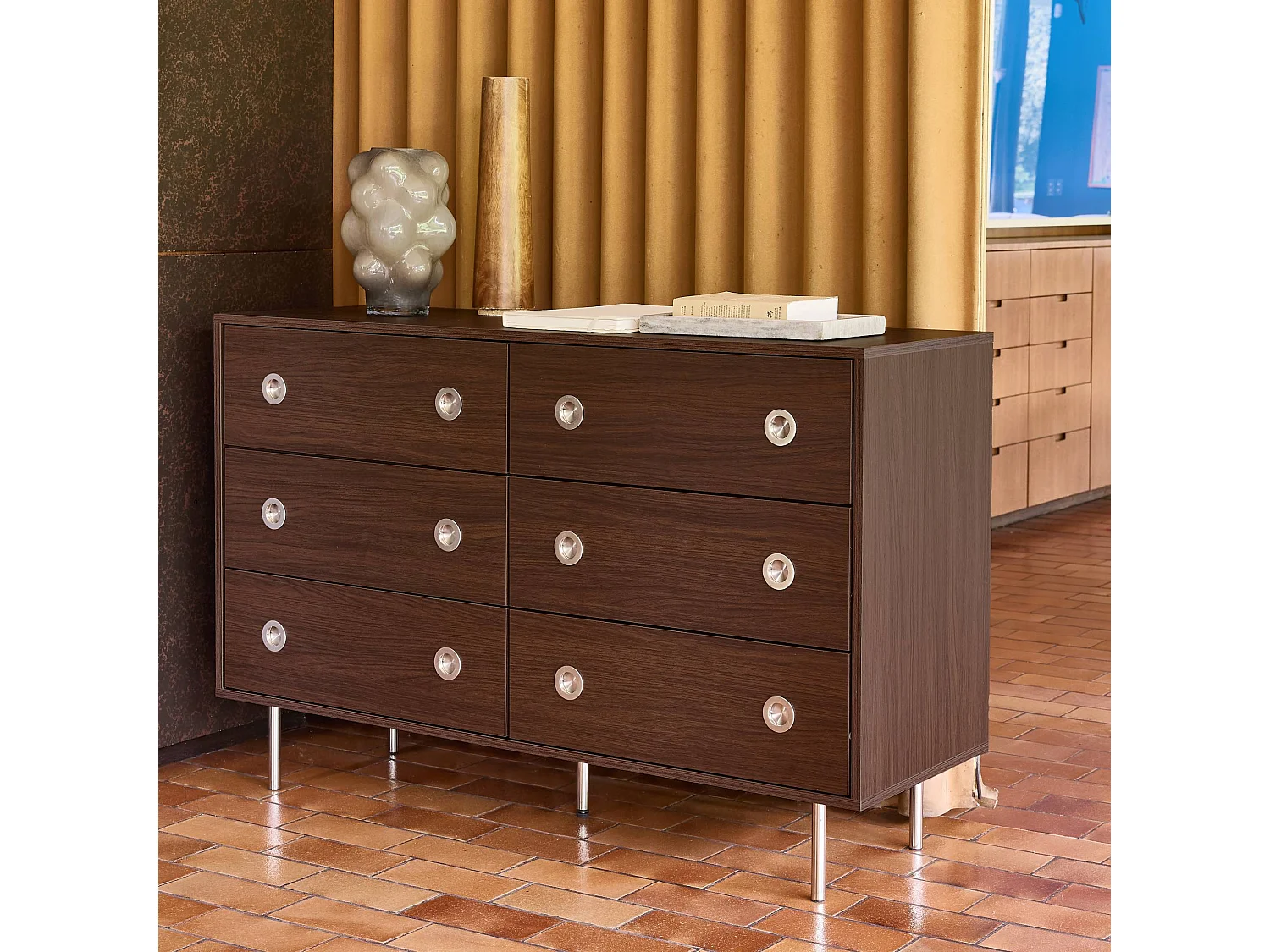 Cómoda vintage decorativa de madera y acero inoxidable, con 6 cajones