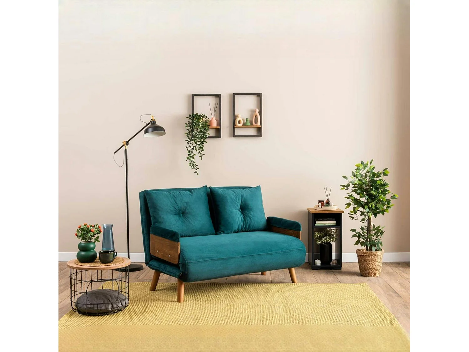 Canapé-lit d'appoint en velours bleu lagon, 2 places LOJA