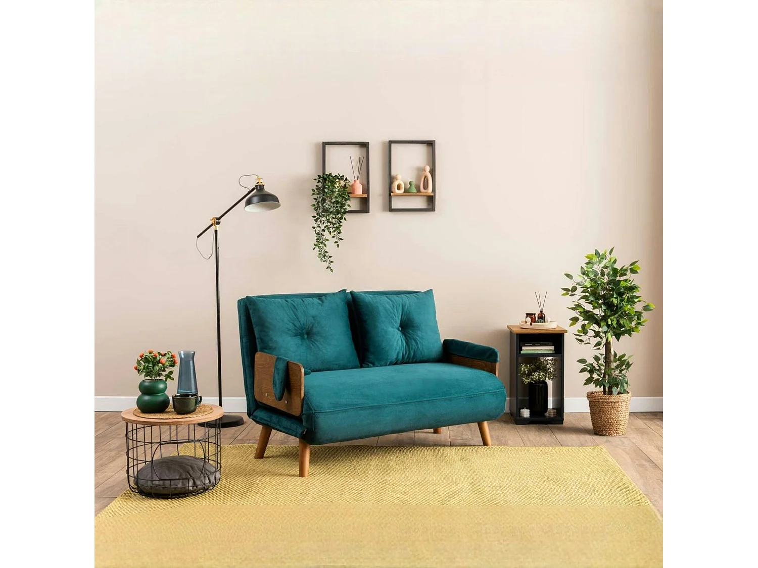 Canapé-lit d'appoint en velours bleu lagon, 2 places LOJA