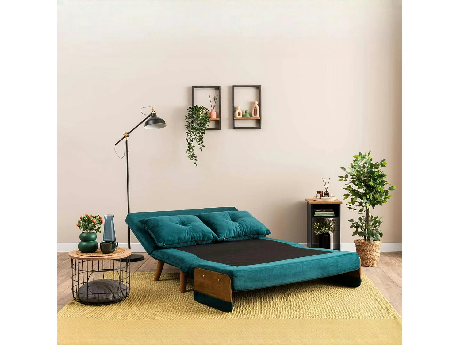 Canapé-lit d'appoint en velours bleu lagon, 2 places LOJA