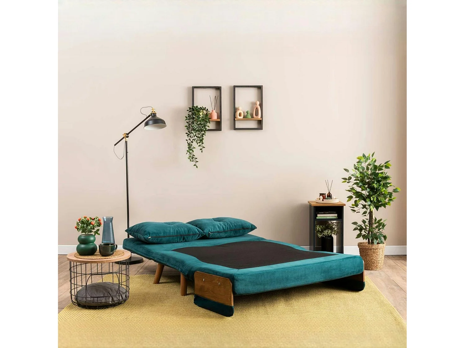 Canapé-lit d'appoint en velours bleu lagon, 2 places LOJA