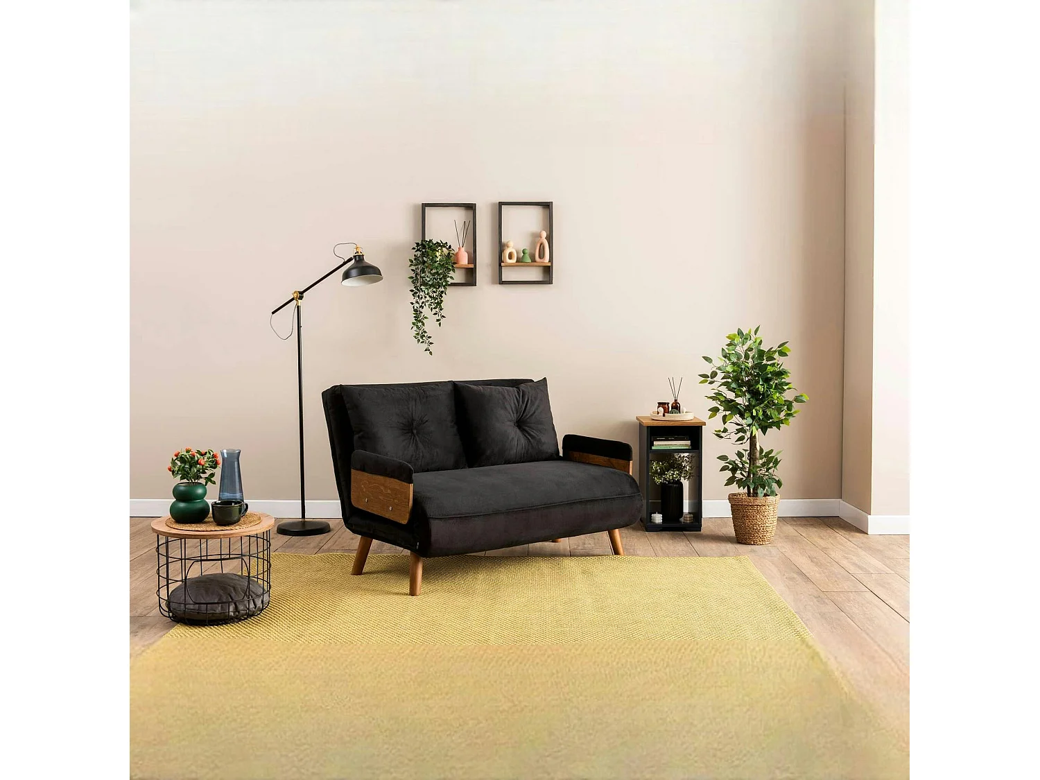 Canapé-lit d'appoint en velours noir, 2 places LOJA
