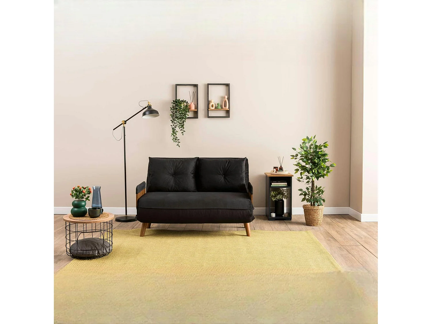 Canapé-lit d'appoint en velours noir, 2 places LOJA