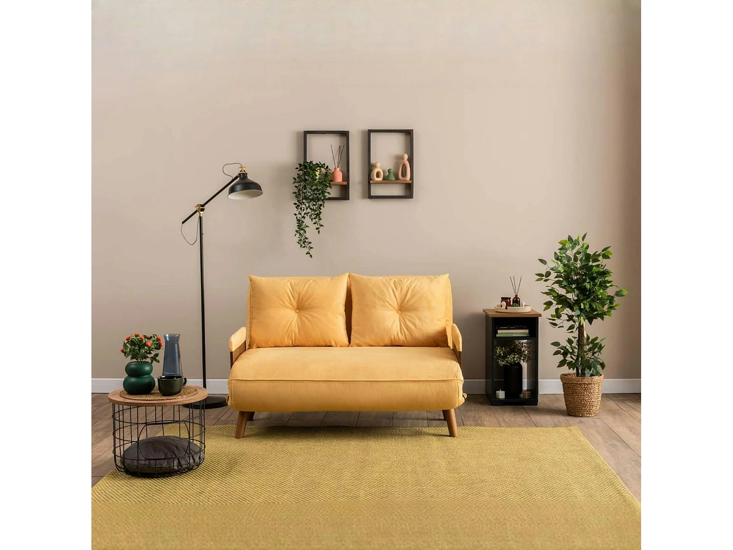 Canapé-lit d'appoint en velours jaune, 2 places LOJA