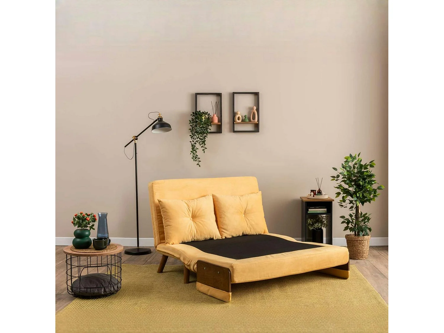 Canapé-lit d'appoint en velours jaune, 2 places LOJA