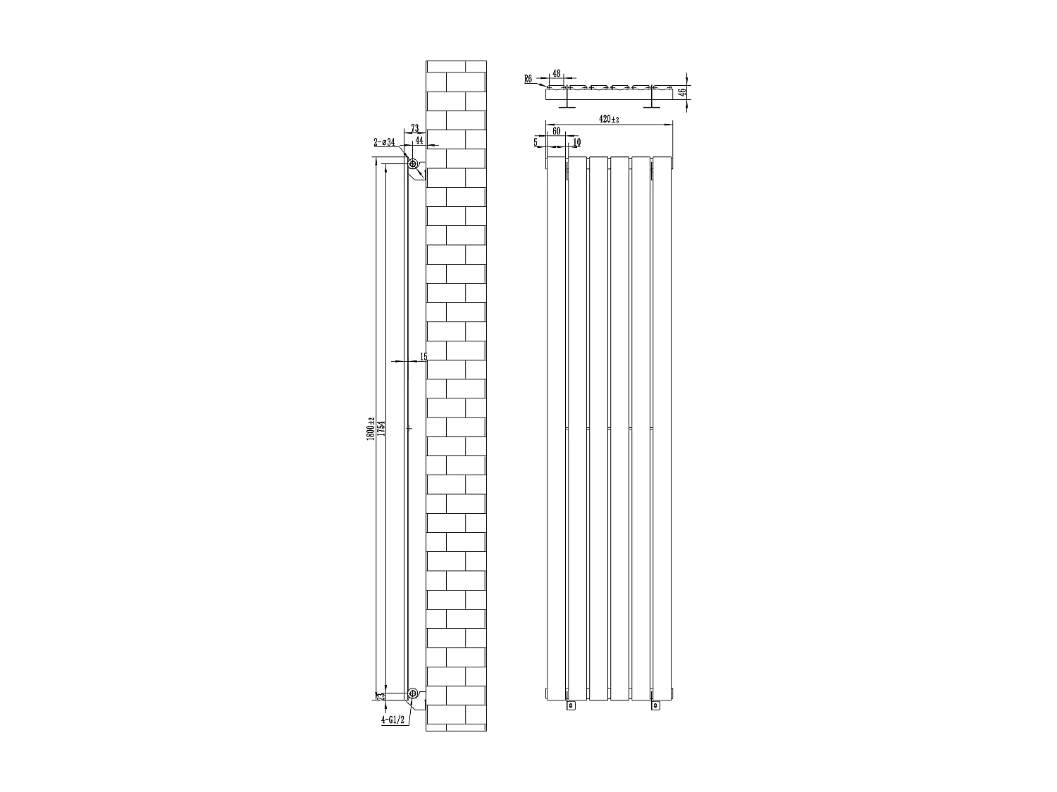 Radiador Plano Coluna Única 1800x420 mm - Preto, Aço Carbono 1,5 mm, 1059W, Alta Eficiência, Válvulas Termostáticas Incluídas, Fácil Instalação e Durável