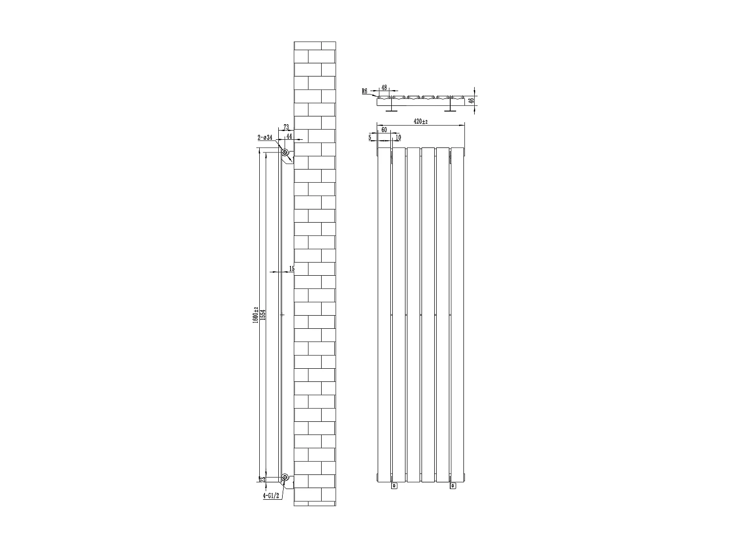 Radiador Plano Coluna Única 1600x420 mm - Cinzento Antracite, Aço 1,5 mm, 941W, Alta Eficiência, Válvulas Termostáticas Incluídas, Fácil Instalação e Durável