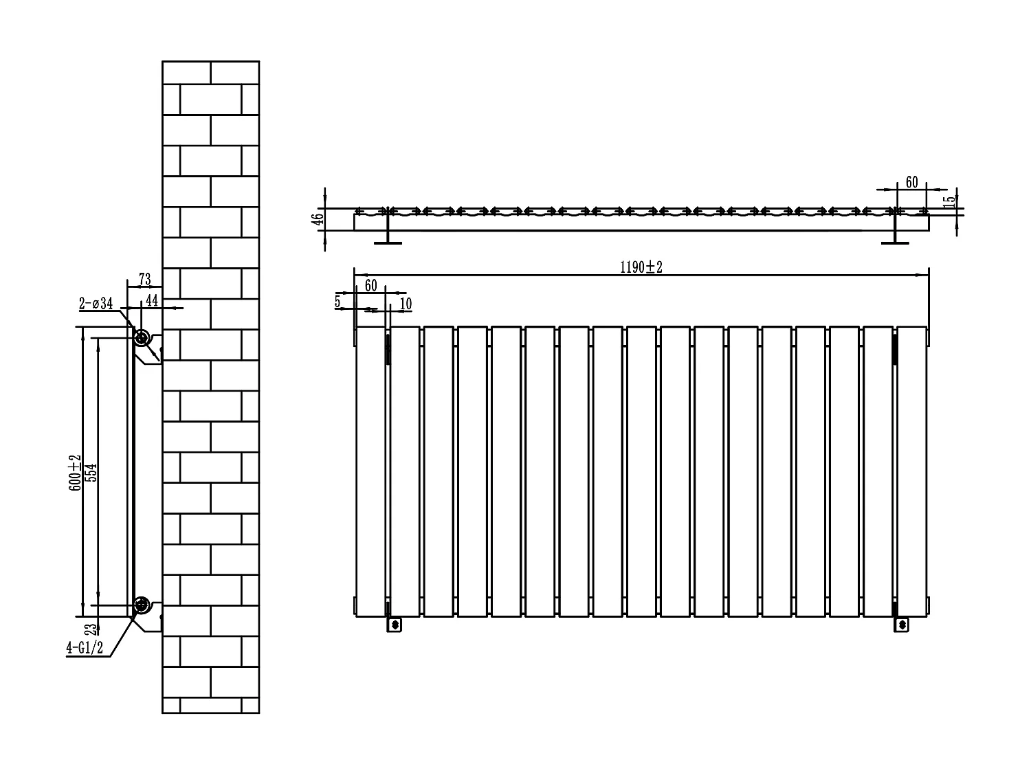 Radiador Plano Coluna Única 600x1190 mm - Branco, Aço Carbono 1,5 mm, 1080W, Alta Eficiência, Válvulas Termostáticas Incluídas, Fácil Instalação e Durável