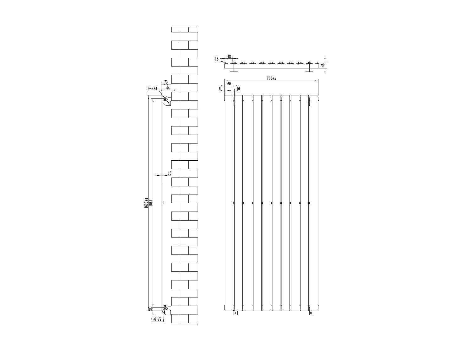 Radiador Plano Coluna Única 1600x700 mm - Cinzento Antracite, Aço 1,5 mm, 1568W, Alta Eficiência, Válvulas Termostáticas Incluídas, Fácil Instalação e Durável