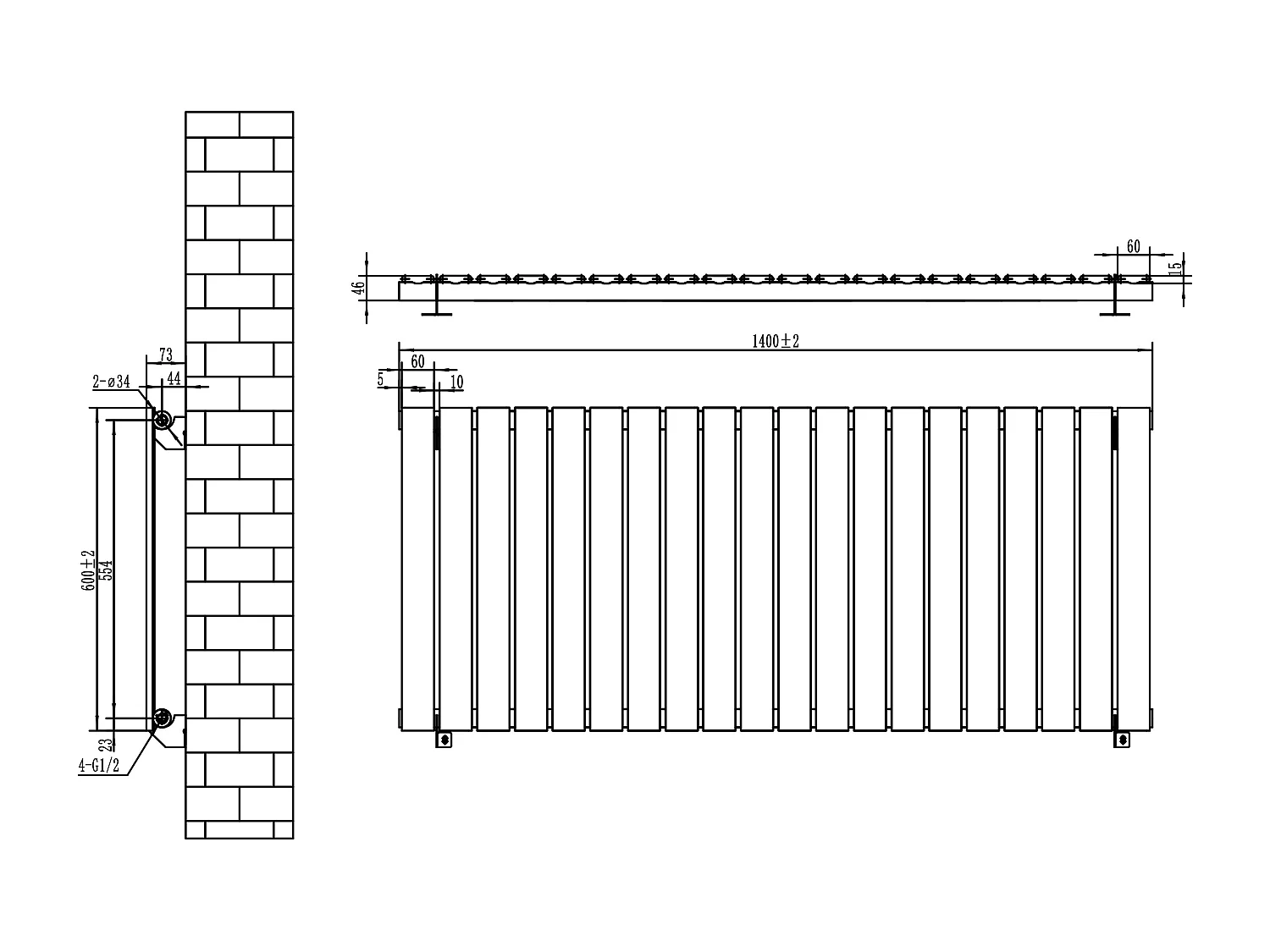 Radiatore Orizzontale 600 x 1400 mm con Valvole TRV Bianco