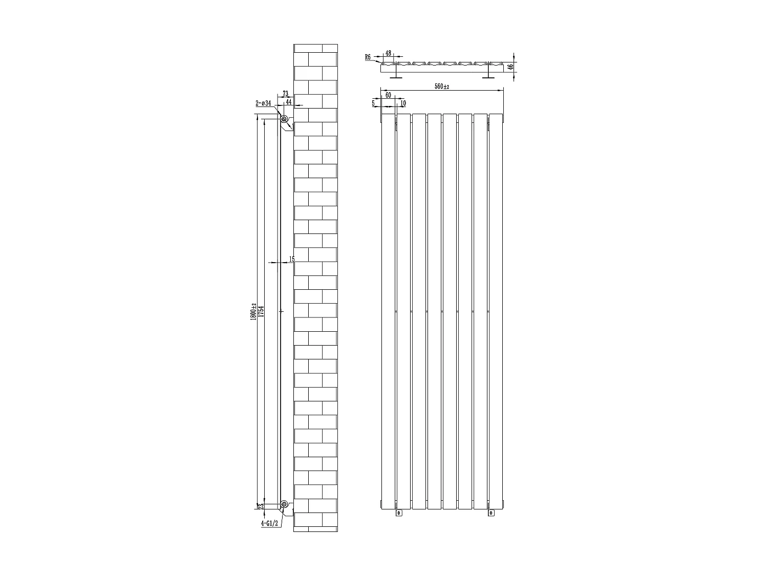 Radiador Plano Coluna Única 1800x560 mm - Cinzento Antracite, Aço 1,5 mm, 1412W, Alta Eficiência, Válvulas Termostáticas Incluídas, Fácil Instalação e Durável