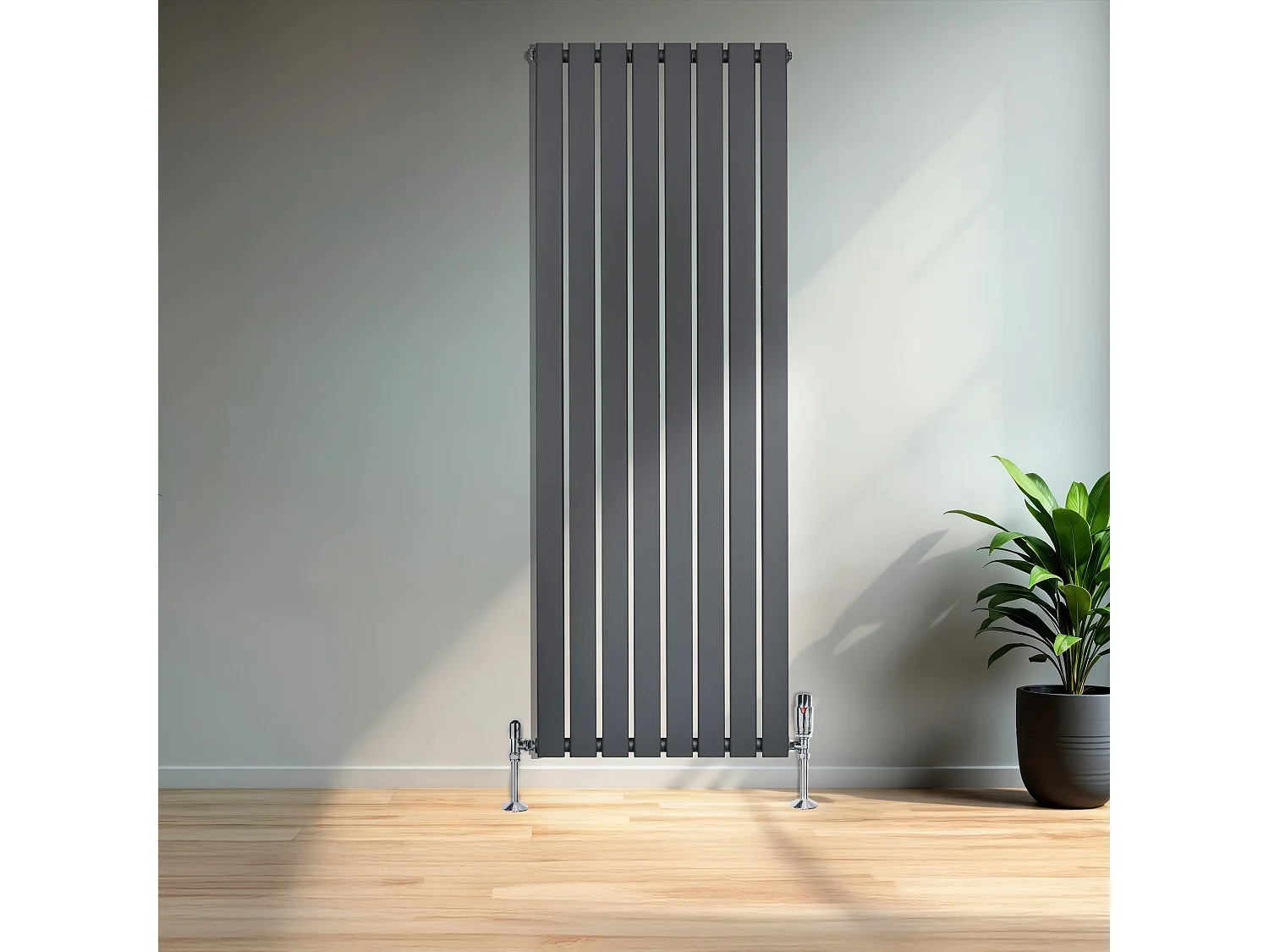 Radiador Plano Coluna Única 1600x560 mm - Cinzento Antracite, Aço 1,5 mm, 1229W, Alta Eficiência, Válvulas Termostáticas Incluídas, Fácil Instalação e Durável