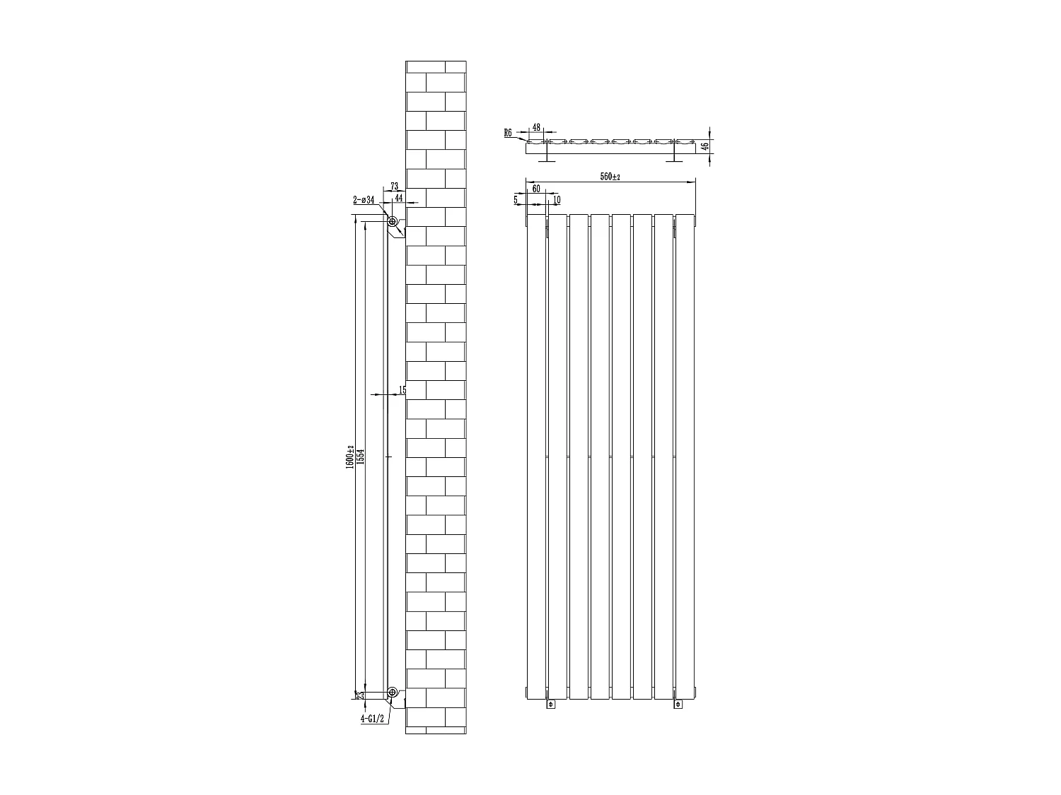 Radiador Plano Coluna Única 1600x560 mm - Cinzento Antracite, Aço 1,5 mm, 1229W, Alta Eficiência, Válvulas Termostáticas Incluídas, Fácil Instalação e Durável