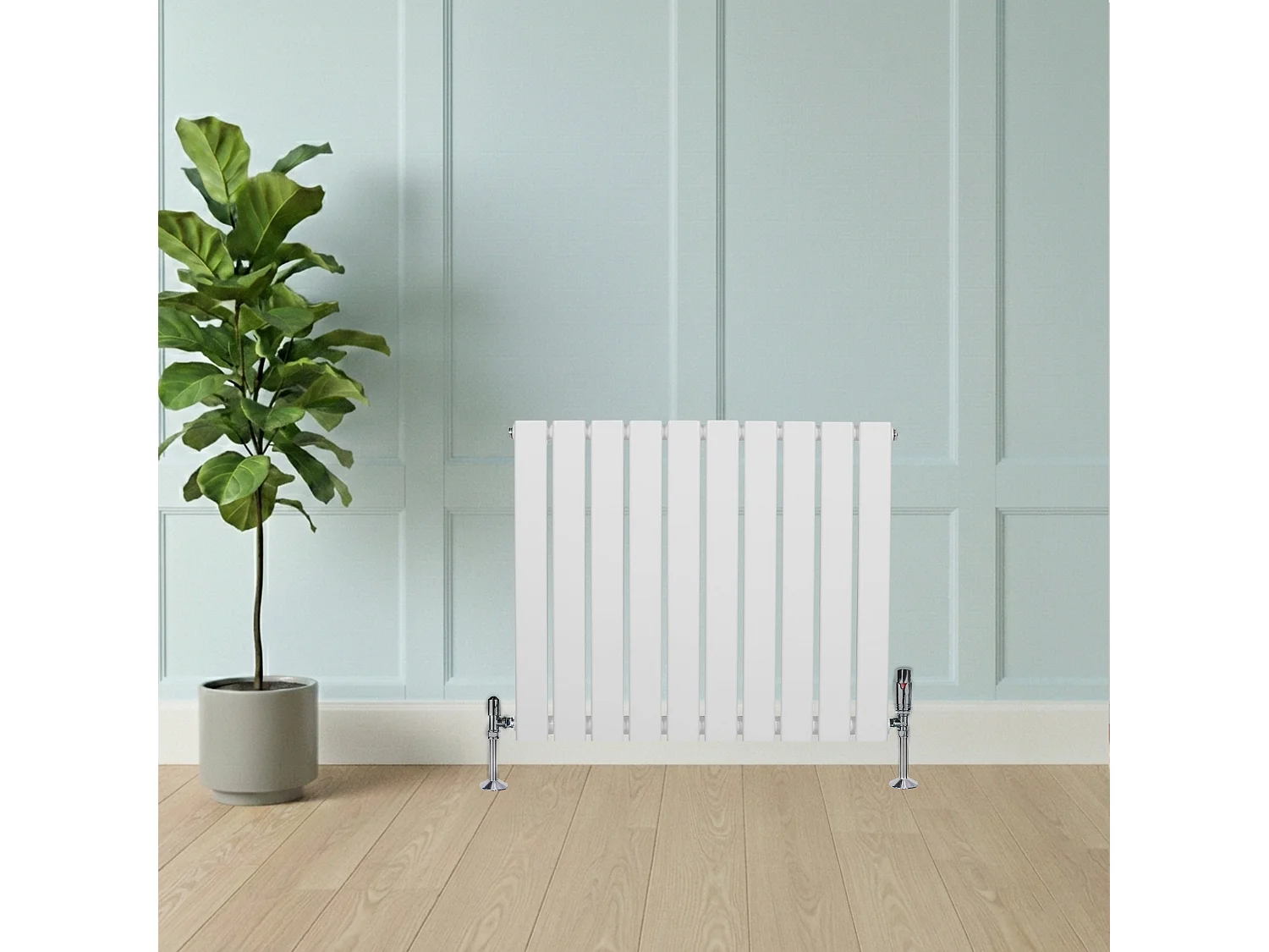 Platt enkelpelarradiator och ventiler – 600 mm x 700 mm – Vit