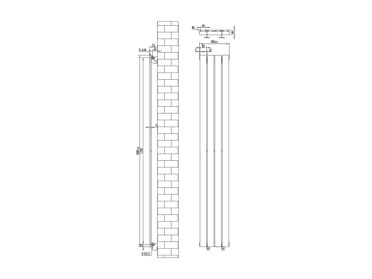 Radiador Plano Coluna Única 1800x280 mm - Preto, Aço Carbono 1,5 mm, 707W, Alta Eficiência, Válvulas Termostáticas Incluídas, Fácil Instalação e Durável