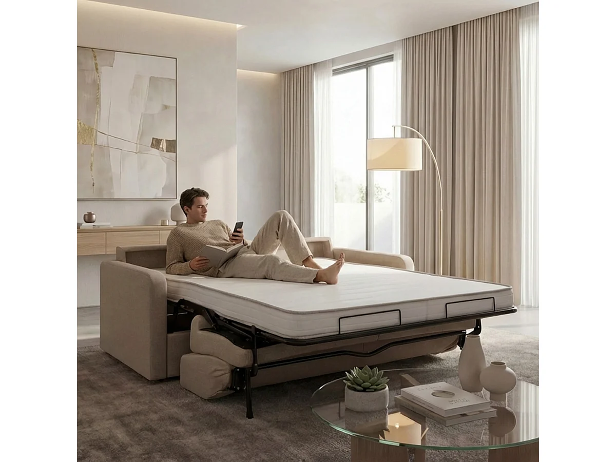 BELLECOUR LITERIE | Canapé convertible 183x100 cm tissu beige BASTILLE – Couchage 140x195 cm