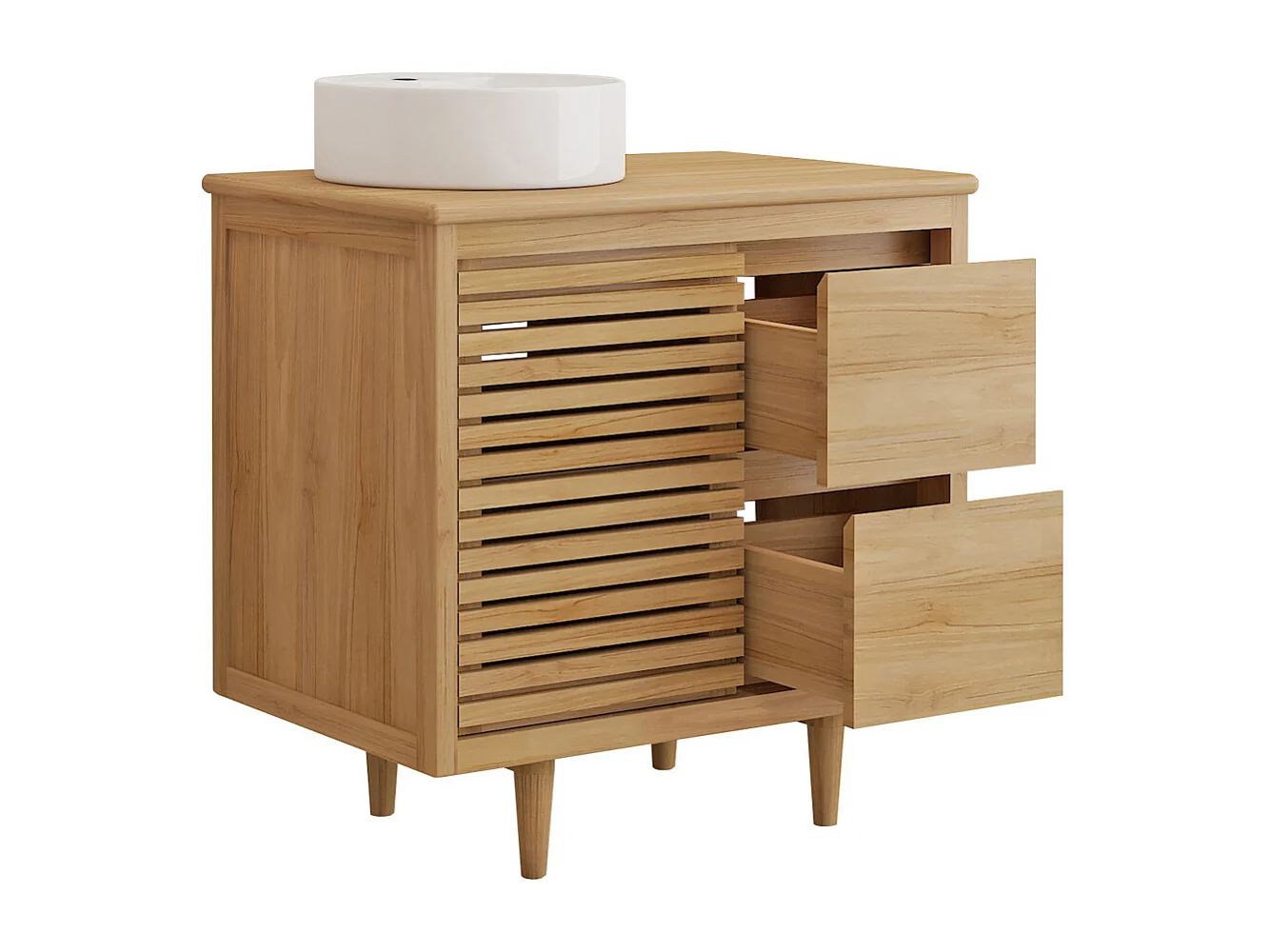 Meuble de salle de bain sur pieds en teck avec vasque à poser ronde en céramique - L80 cm - TORAJA