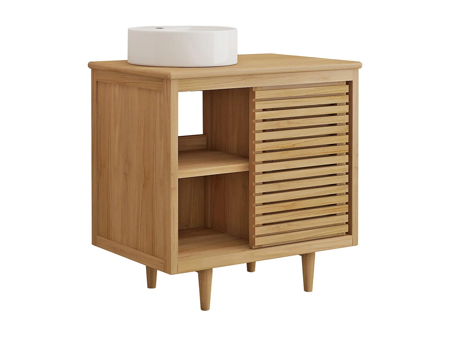 Meuble de salle de bain sur pieds en teck avec vasque à poser ronde en céramique - L80 cm - TORAJA