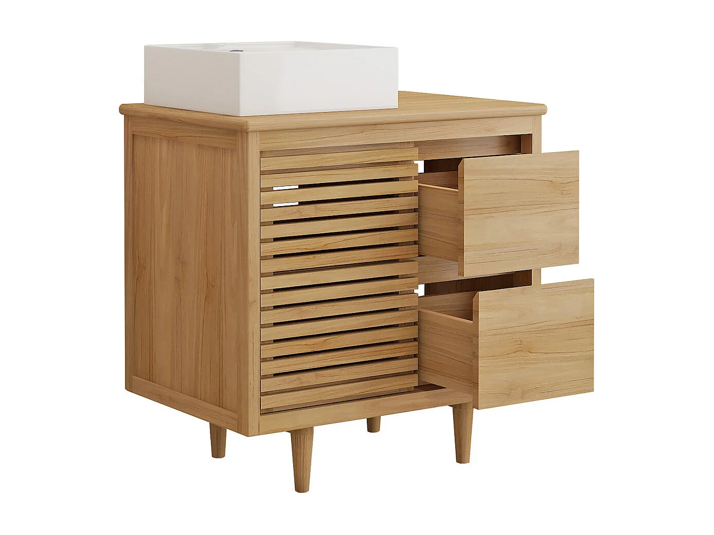 Meuble de salle de bain sur pieds en teck avec vasque à poser carrée en céramique - L80 cm - TORAJA