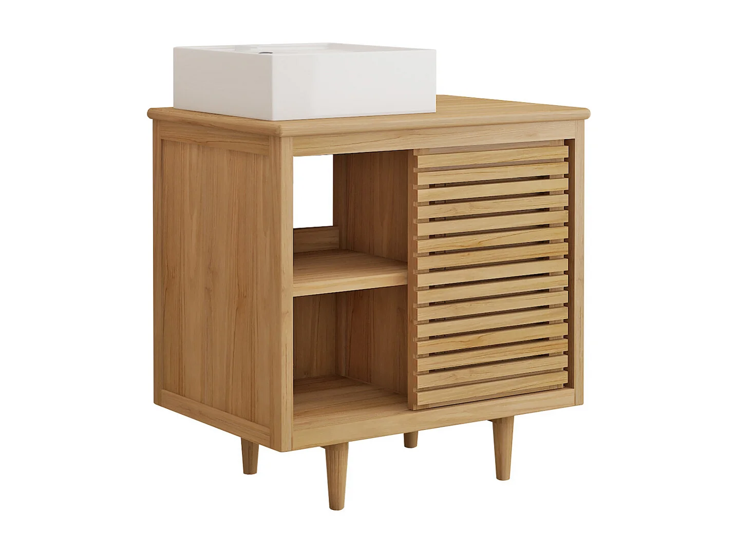 Meuble de salle de bain sur pieds en teck avec vasque à poser carrée en céramique - L80 cm - TORAJA
