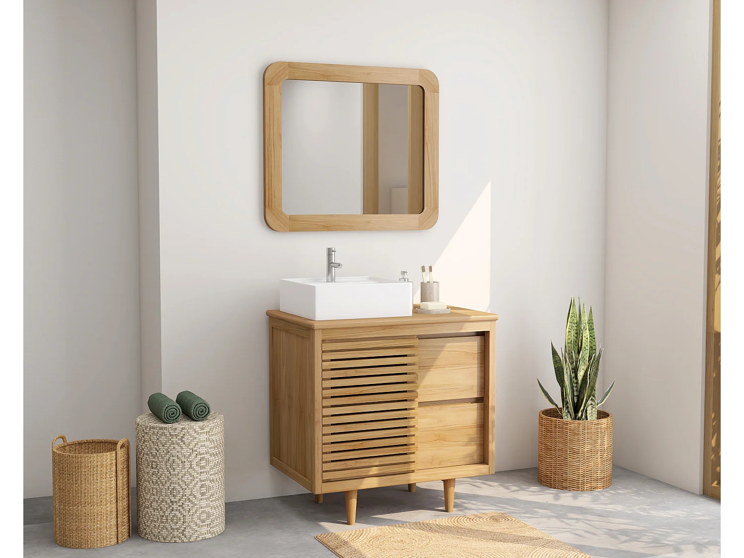 Meuble de salle de bain sur pieds en teck avec vasque à poser carrée en céramique - L80 cm - TORAJA