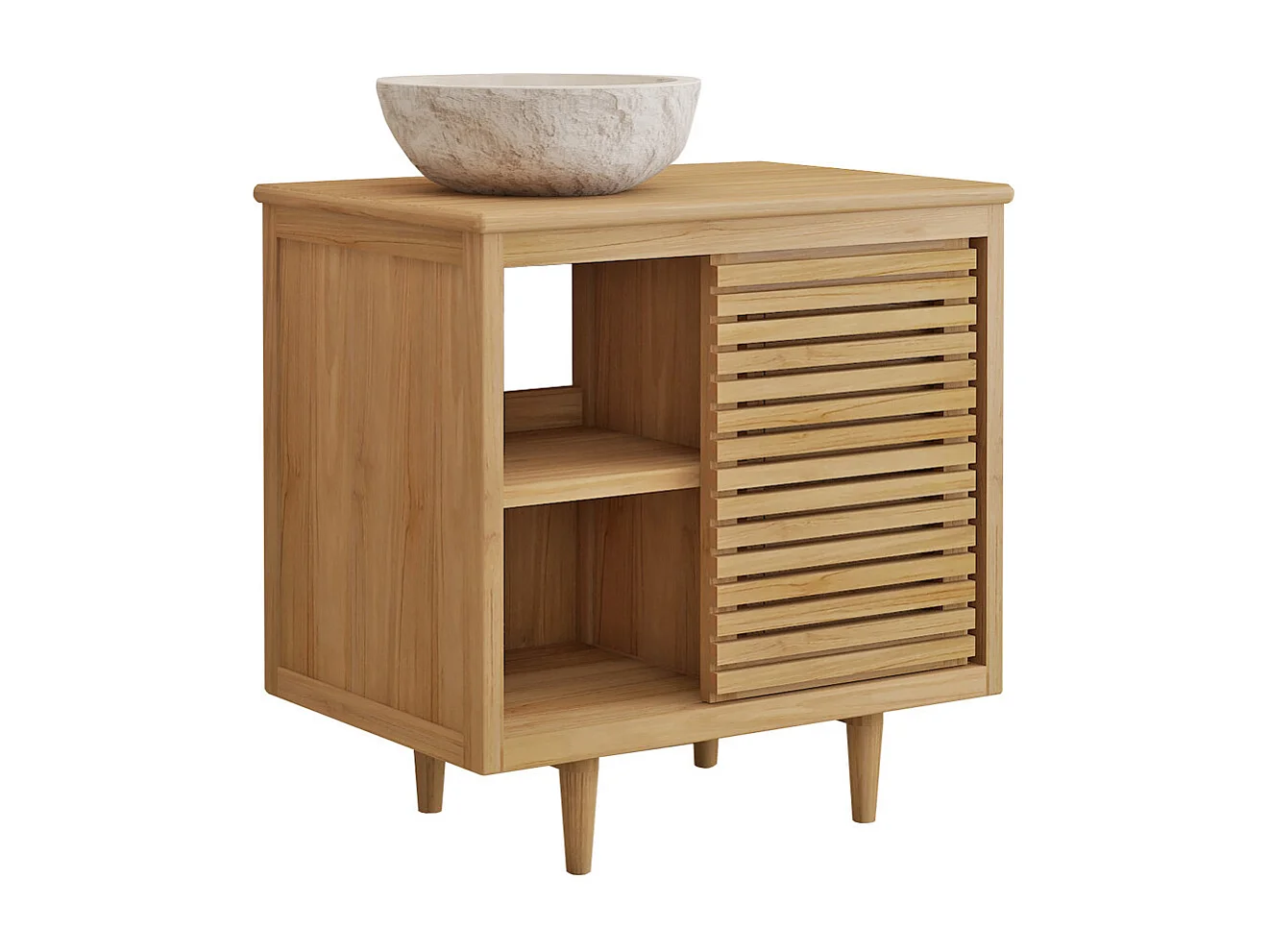 Meuble de salle de bain sur pieds en teck avec vasque à poser ronde en marbre couleur crème - L80 cm - TORAJA