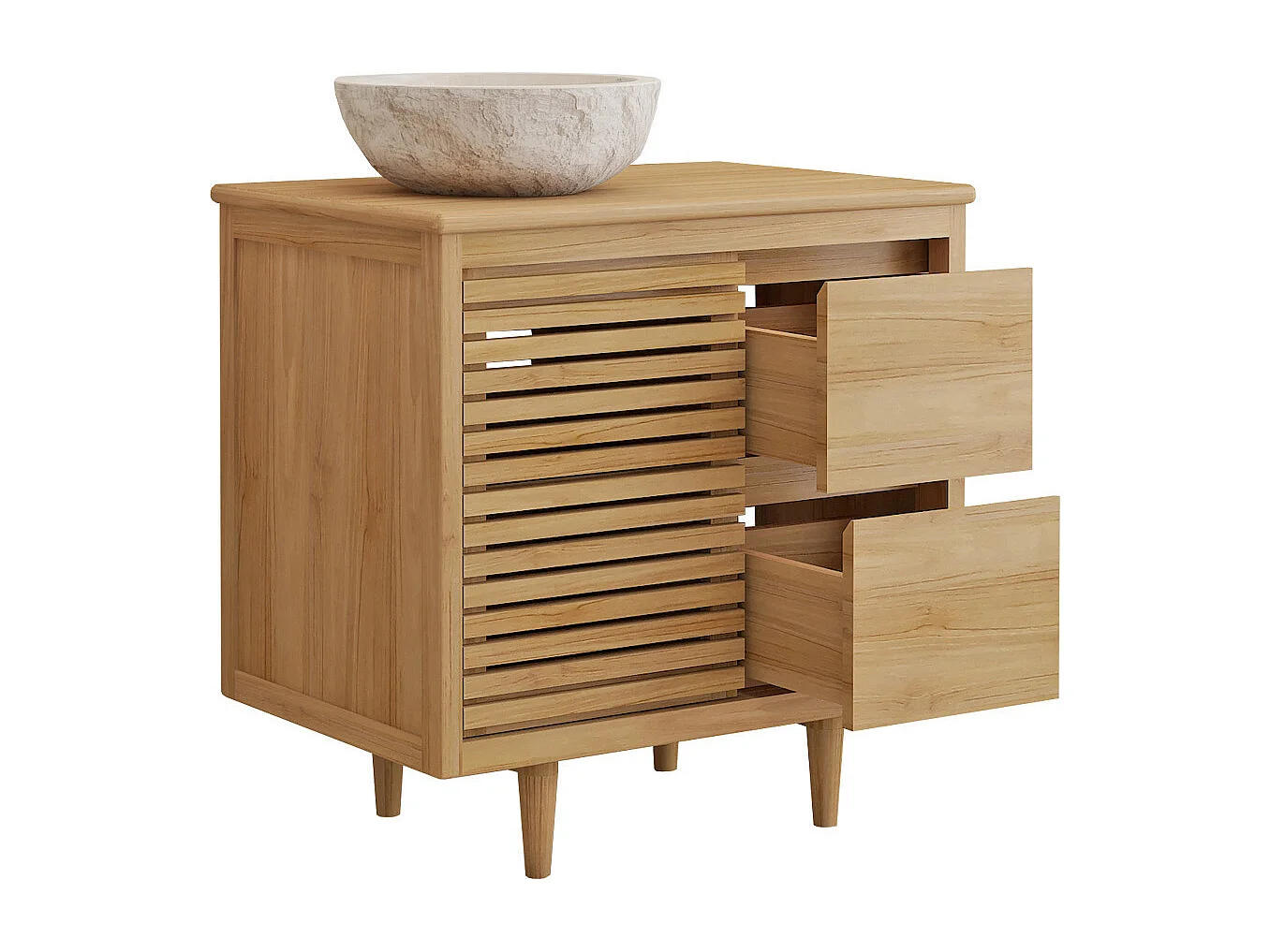 Meuble de salle de bain sur pieds en teck avec vasque à poser ronde en marbre couleur crème - L80 cm - TORAJA