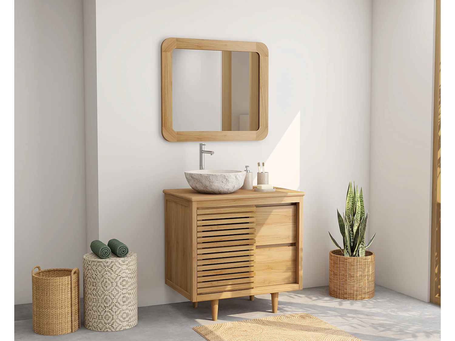 Meuble de salle de bain sur pieds en teck avec vasque à poser ronde en marbre couleur crème - L80 cm - TORAJA