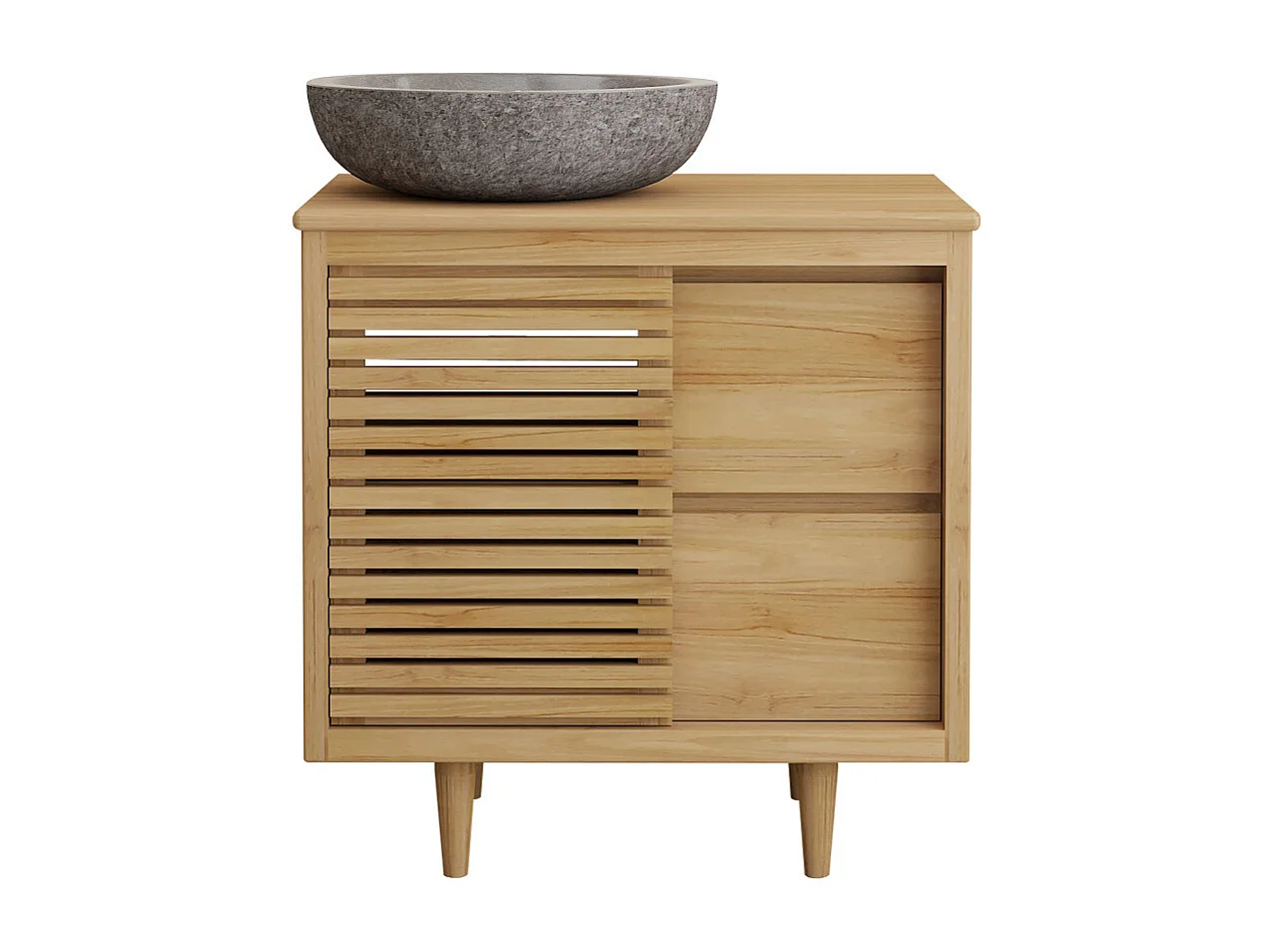 Meuble de salle de bain sur pieds en teck avec vasque à poser ronde en pierre de rivière grise – L80 cm - TORAJA