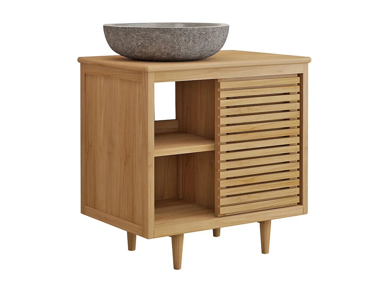 Meuble de salle de bain sur pieds en teck avec vasque à poser ronde en pierre de rivière grise – L80 cm - TORAJA