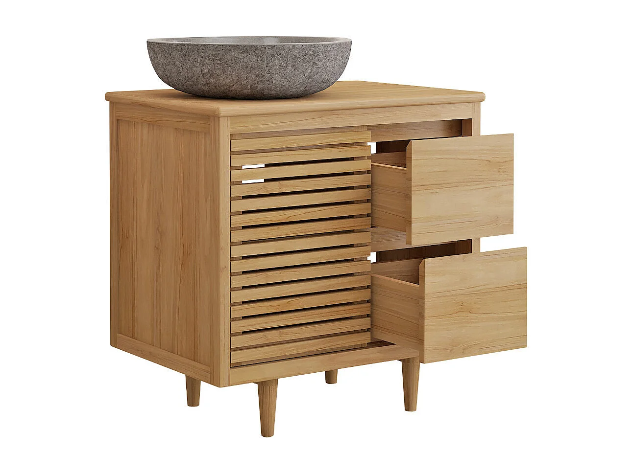 Meuble de salle de bain sur pieds en teck avec vasque à poser ronde en pierre de rivière grise – L80 cm - TORAJA