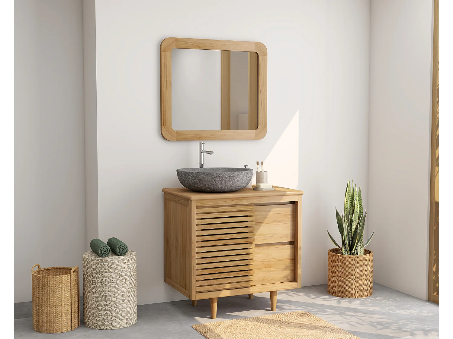 Meuble de salle de bain sur pieds en teck avec vasque à poser ronde en pierre de rivière grise – L80 cm - TORAJA