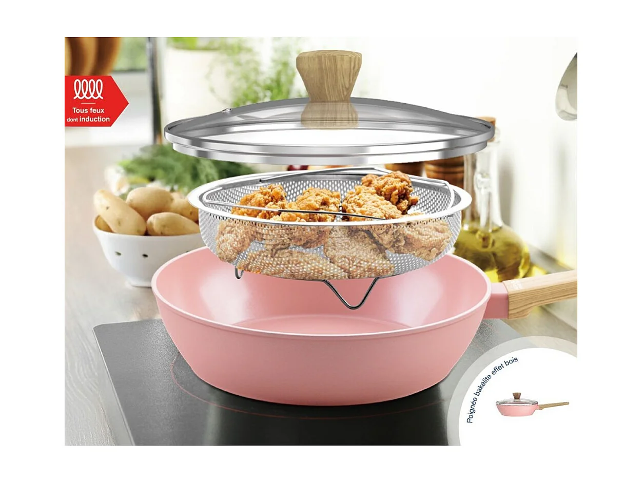 Sauteuse - Tous feux dont induction - ARTHUR MARTIN - AM0333 - Revetement céramique - Ø 24 cm - Avec couvercle et panier inox