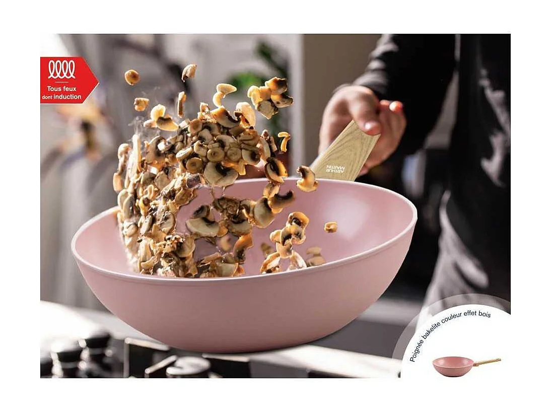 Wok - Tous feux dont induction - ARTHUR MARTIN - AM4944 - Revêtement céramique - Ø 28 cm - Rose