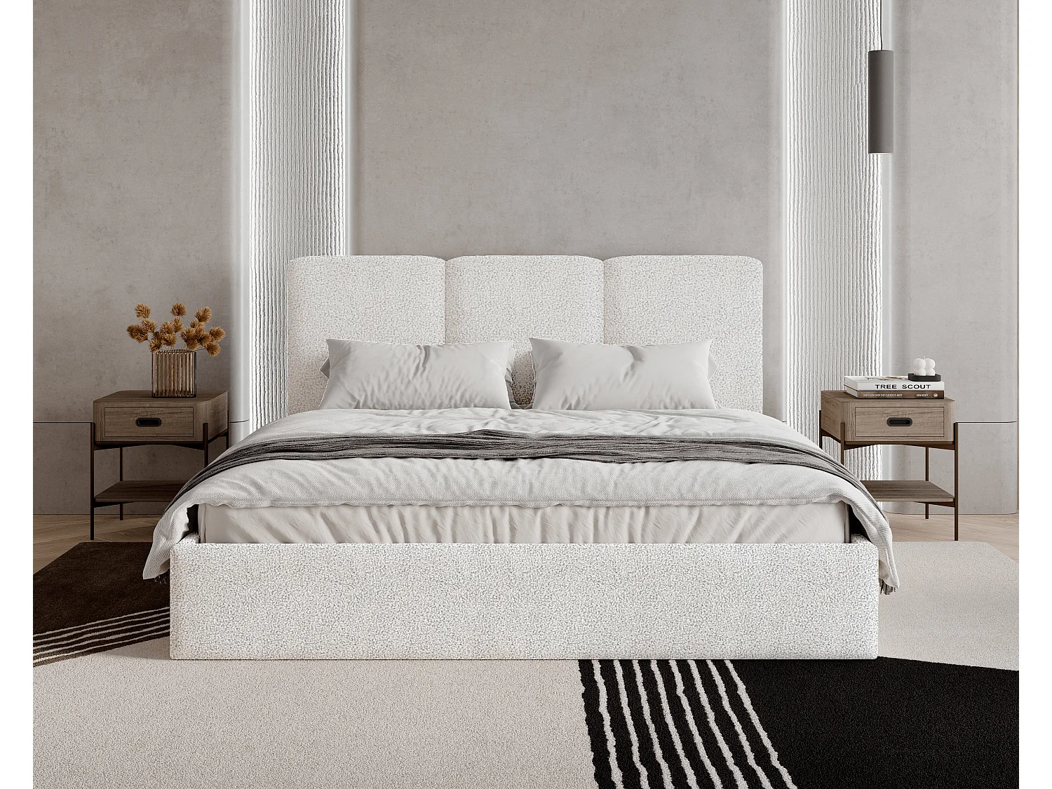 BESILIO Gestoffeerd bed 200x200 Mira bouclé – bed met opbergruimte en houten lattenbodem, modern opbergbed slaapkamer, bouclé stof – Wit