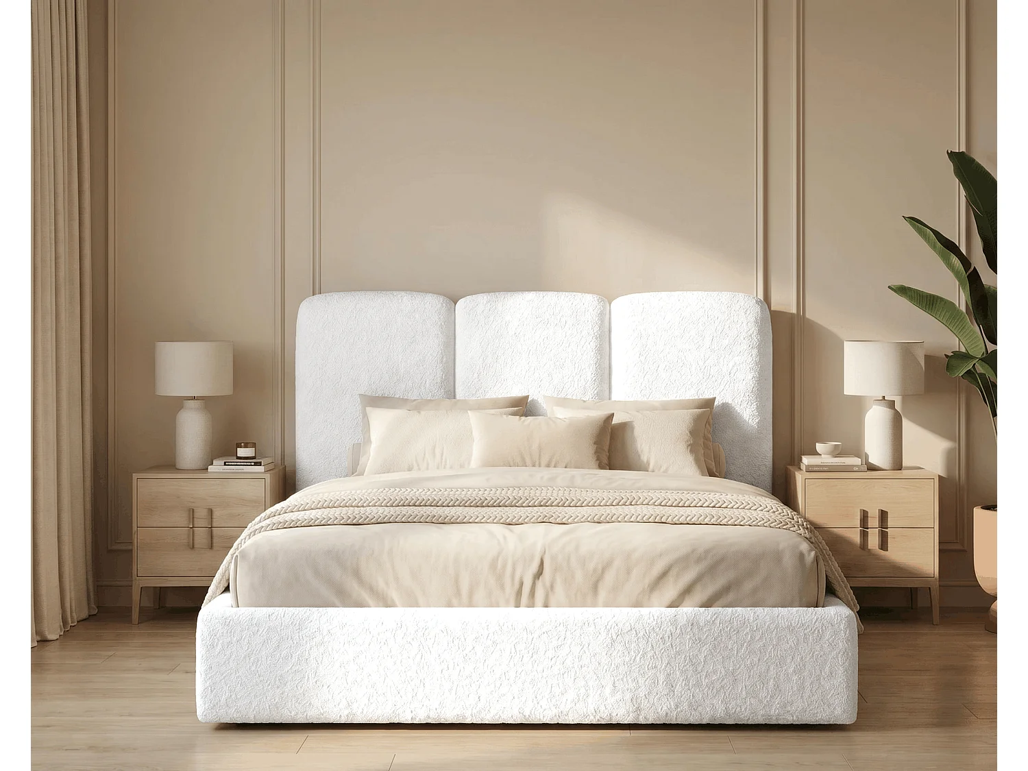 BESILIO Polsterbett 200x200 Mira Bouclé – Bett mit Bettkasten und Holzlattenrost, modernes Stauraumbett Schlafzimmer, Bouclé Stoff – Weiß