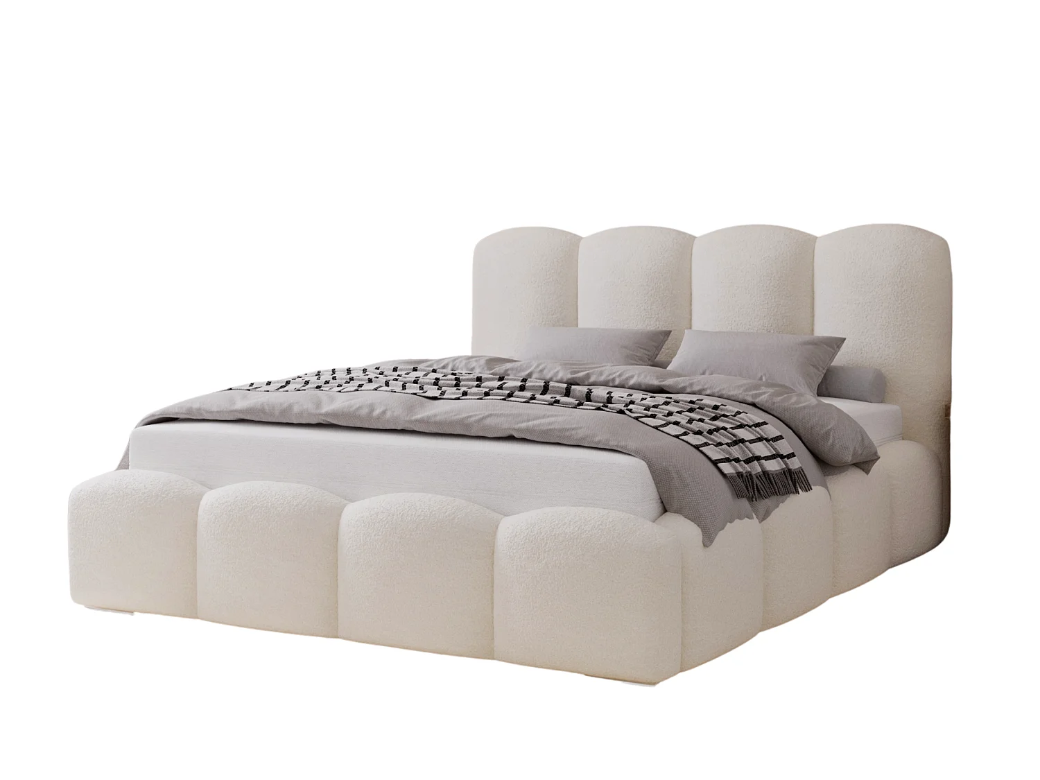 BESILIO Lit tapissé 160x200 Fluffy – lit nuage bouclé, lit avec coffre de rangement et sommier, mousse épaisse, lit coffre moderne pour chambre – Crème