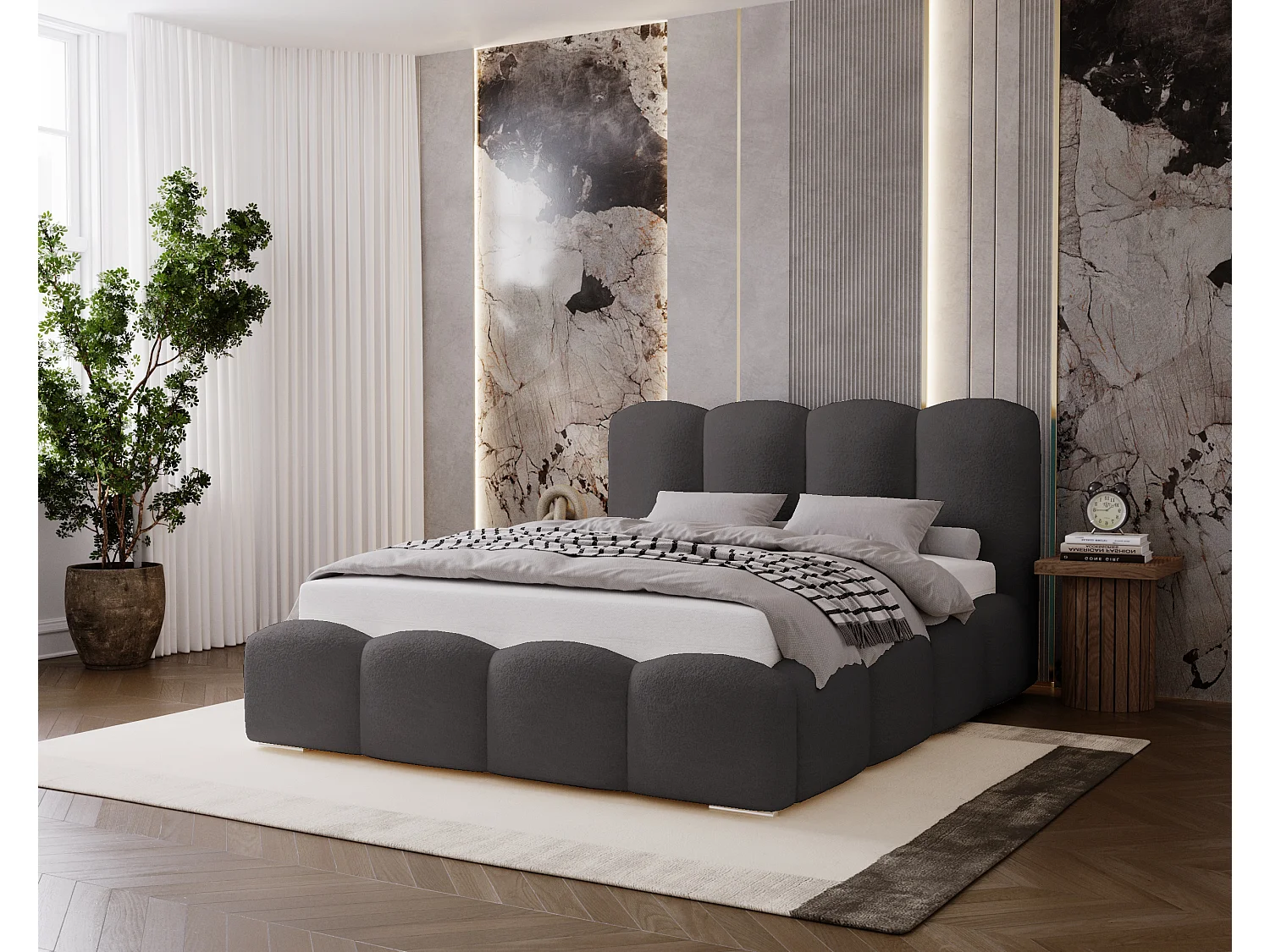 BESILIO Lit tapissé 200x200 Fluffy – lit nuage bouclé, lit avec coffre de rangement et sommier, mousse épaisse, lit coffre moderne pour chambre – Gris