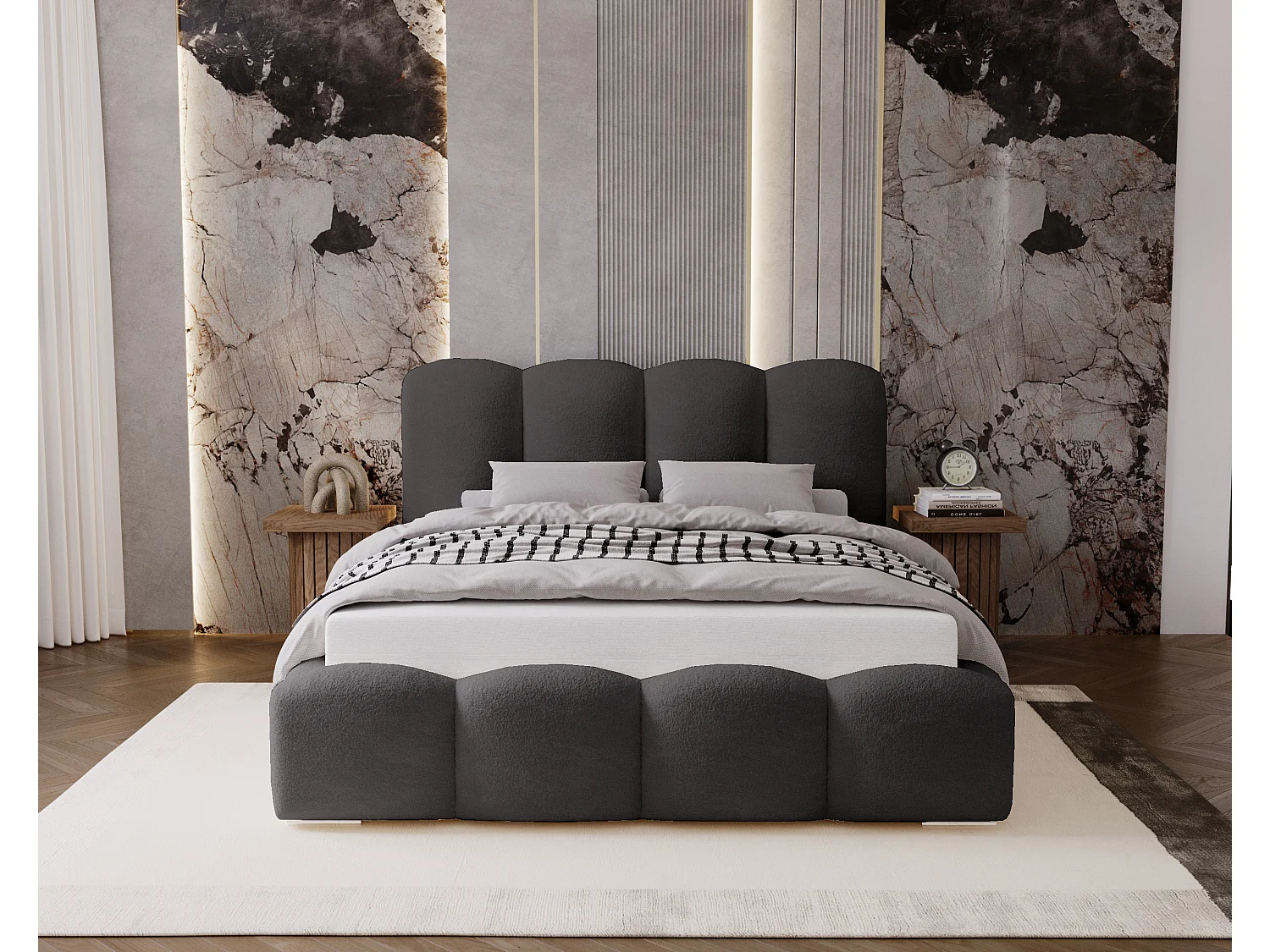 BESILIO Lit tapissé 200x200 Fluffy – lit nuage bouclé, lit avec coffre de rangement et sommier, mousse épaisse, lit coffre moderne pour chambre – Gris