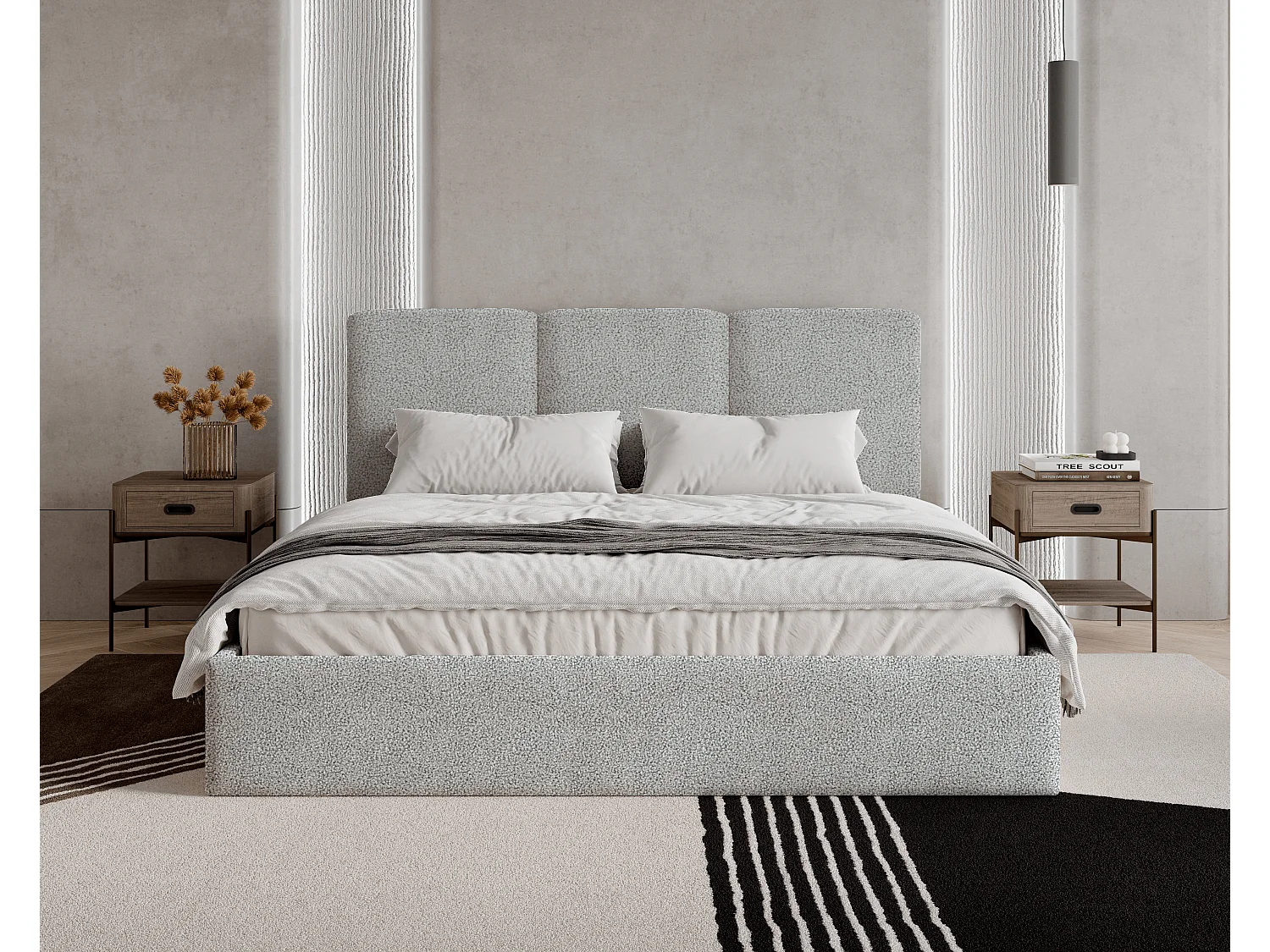 BESILIO Polsterbett 180x200 Mira Bouclé – Bett mit Bettkasten und Holzlattenrost, modernes Stauraumbett Schlafzimmer, Bouclé Stoff – Hellgrau