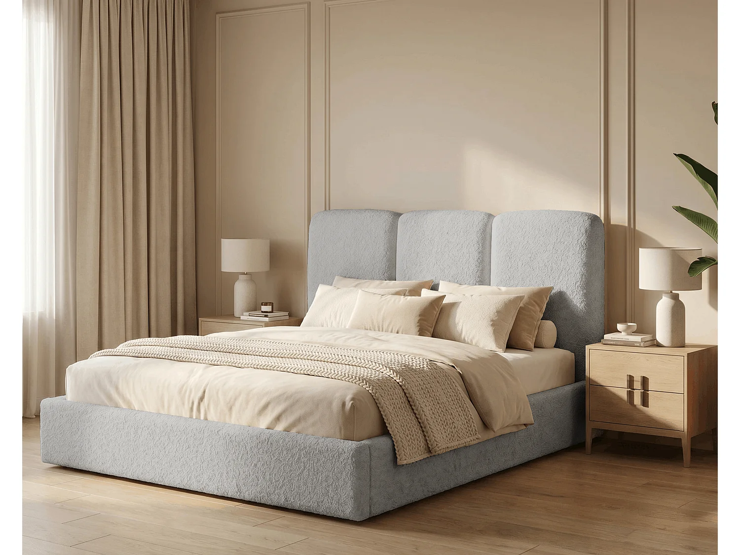 BESILIO Polsterbett 180x200 Mira Bouclé – Bett mit Bettkasten und Holzlattenrost, modernes Stauraumbett Schlafzimmer, Bouclé Stoff – Hellgrau