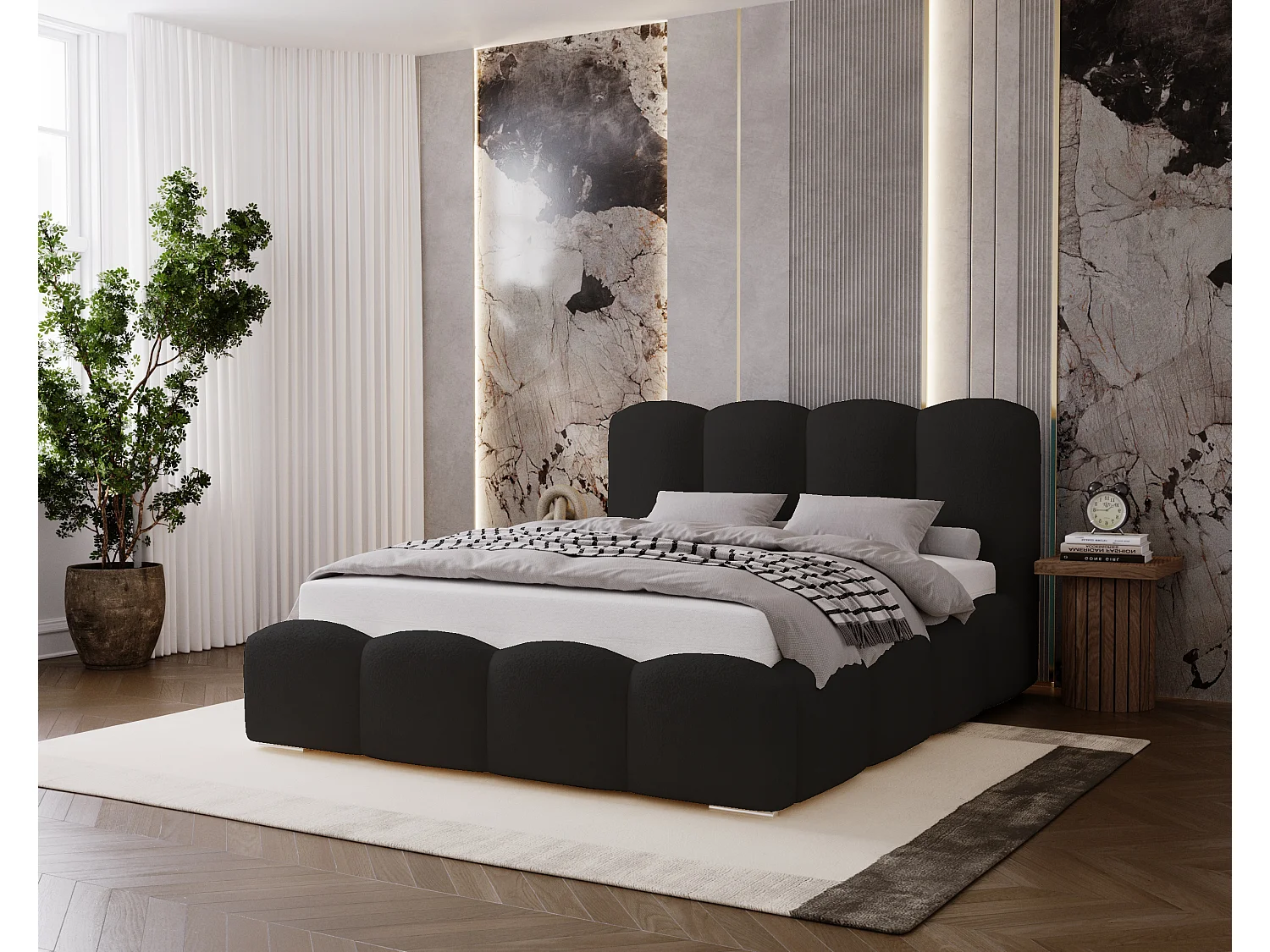 BESILIO Polsterbett 160x200 Fluffy – Wolkenbett Bouclé, Bett mit Bettkasten und Lattenrost, dicke Polsterung, modernes Stauraumbett Schlafzimmer – Schwarz