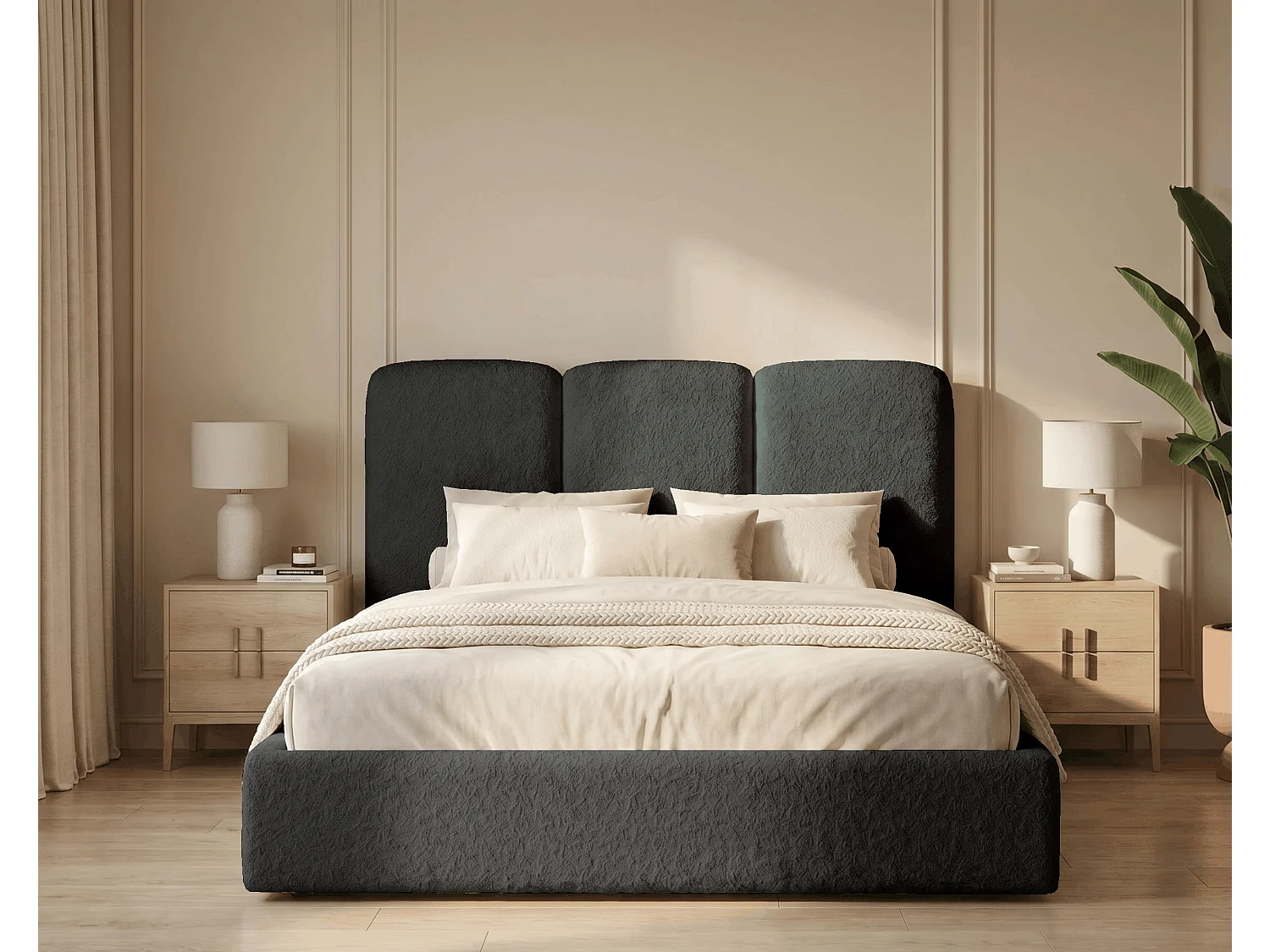 BESILIO Polsterbett 140x200 Mira Bouclé – Bett mit Bettkasten und Holzlattenrost, modernes Stauraumbett Schlafzimmer, Bouclé Stoff – Grau