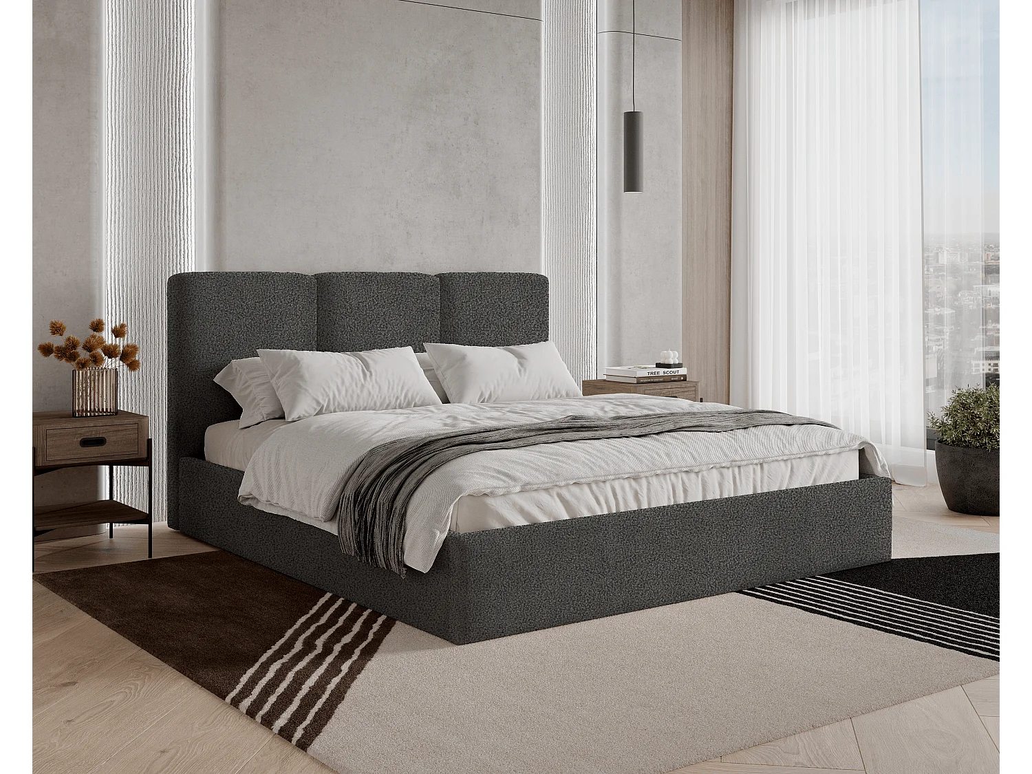 BESILIO Polsterbett 160x200 Mira Bouclé – Bett mit Bettkasten und Holzlattenrost, modernes Stauraumbett Schlafzimmer, Bouclé Stoff – Grau