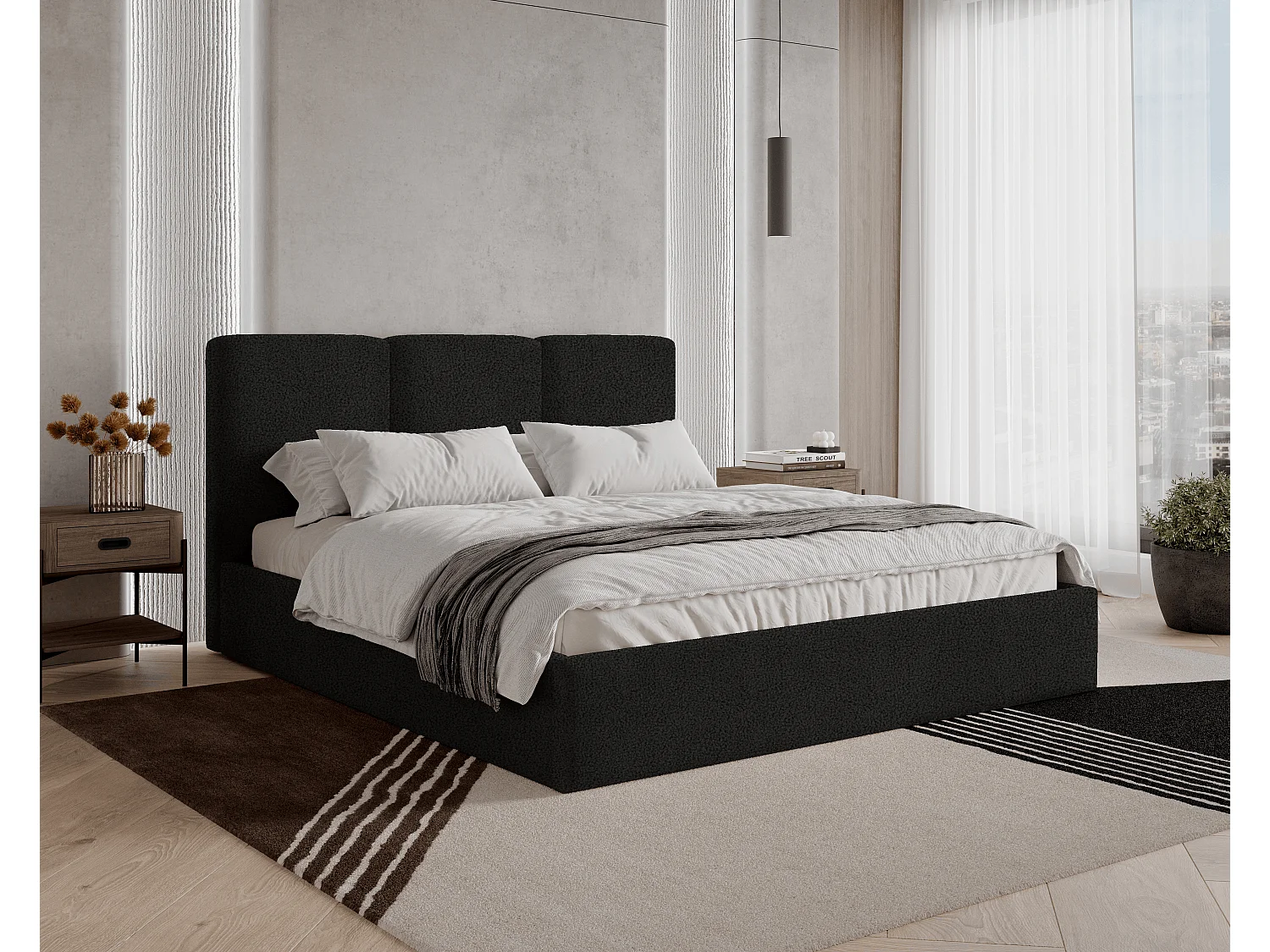 BESILIO Polsterbett 160x200 Mira Bouclé – Bett mit Bettkasten und Holzlattenrost, modernes Stauraumbett Schlafzimmer, Bouclé Stoff – Schwarz