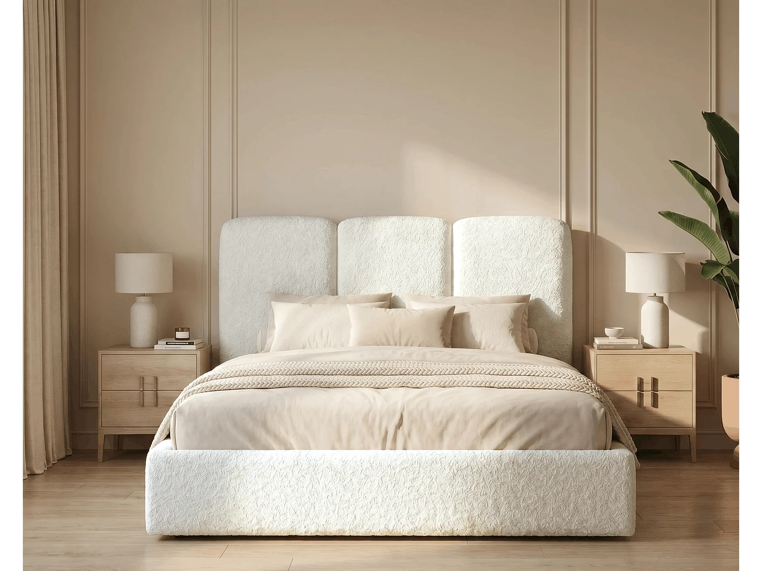 BESILIO Polsterbett 160x200 Mira Bouclé – Bett mit Bettkasten und Holzlattenrost, modernes Stauraumbett Schlafzimmer, Bouclé Stoff – Creme