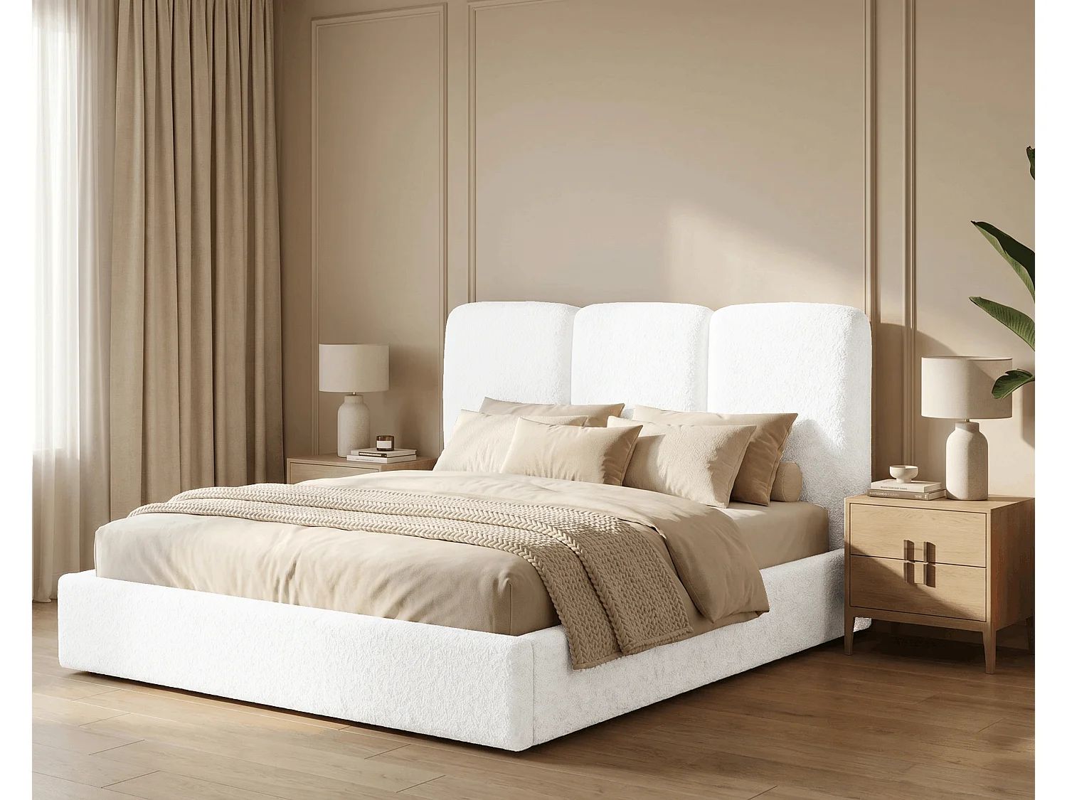 BESILIO Polsterbett 120x200 Mira Bouclé – Bett mit Bettkasten und Holzlattenrost, modernes Stauraumbett Schlafzimmer, Bouclé Stoff – Weiß