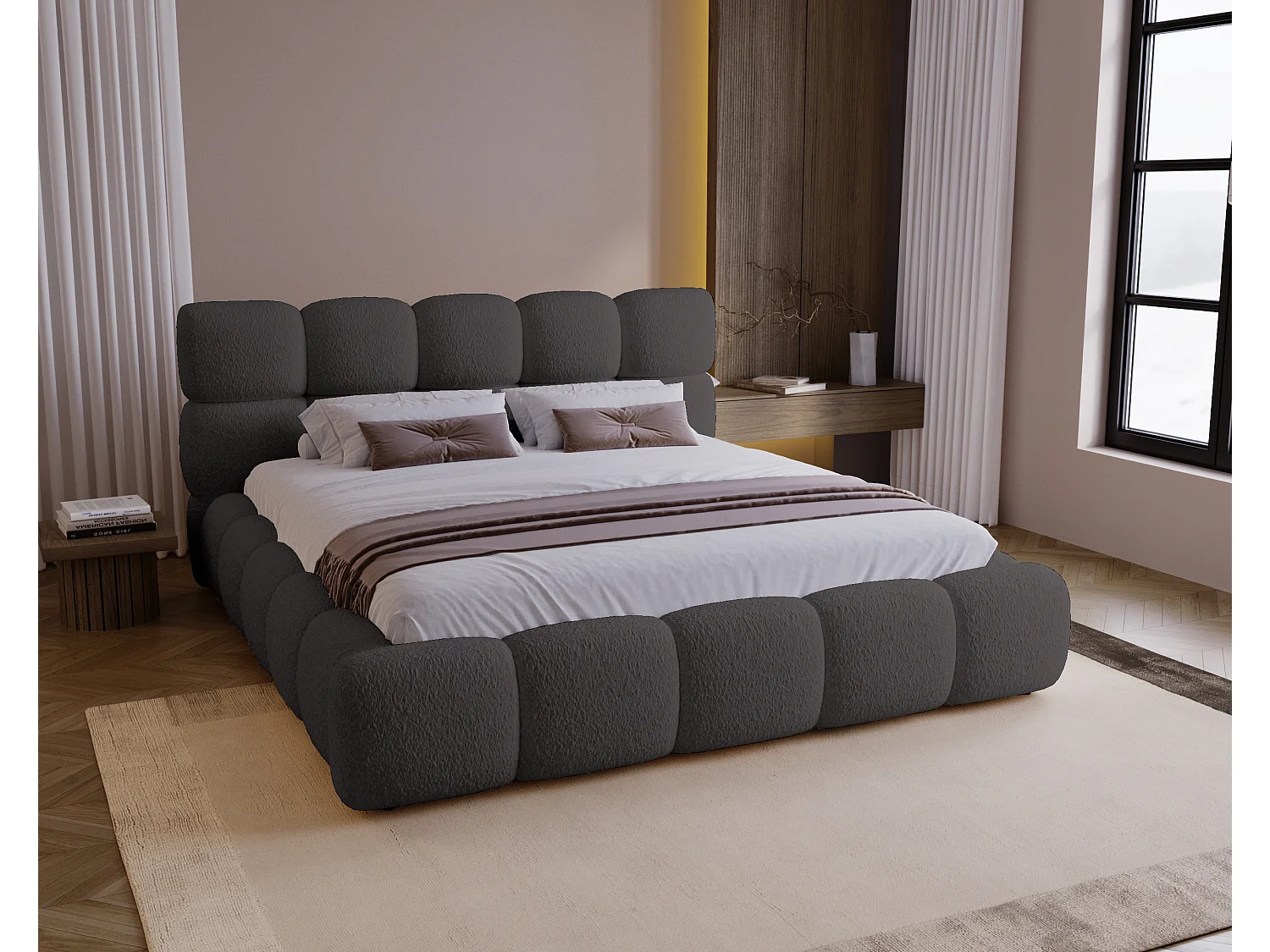 BESILIO Lit tapissé 160x200 bouclé Boston – lit avec coffre de rangement et sommier, lit coffre moderne en mousse épaisse – Gris