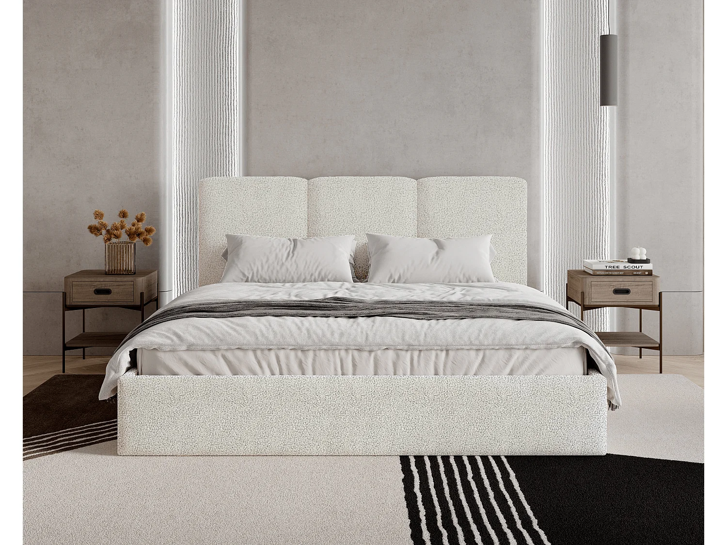 Łóżko tapicerowane 120x200 Mira boucle – łóżko z pojemnikiem na pościel i stelażem drewnianym, nowoczesne łóżko do sypialni, tkanina boucle – Kremowy